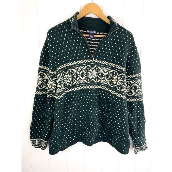 Lands’ End Sweater L Green White Snowflake Print Long Sleeve 1/4 Zip Womens Ski - Picture 1 of 7